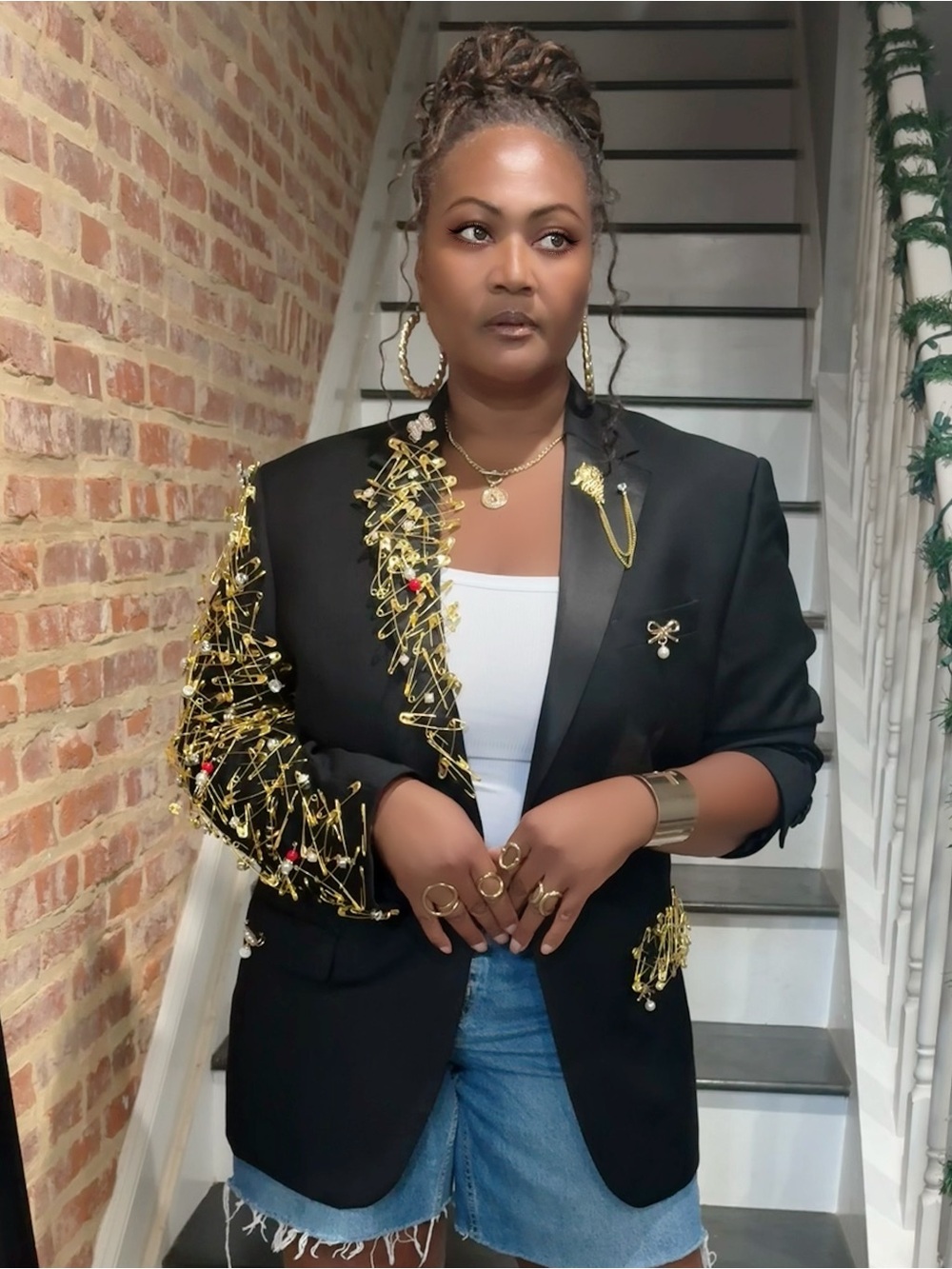 Black Embellished Safety Pin Blazer